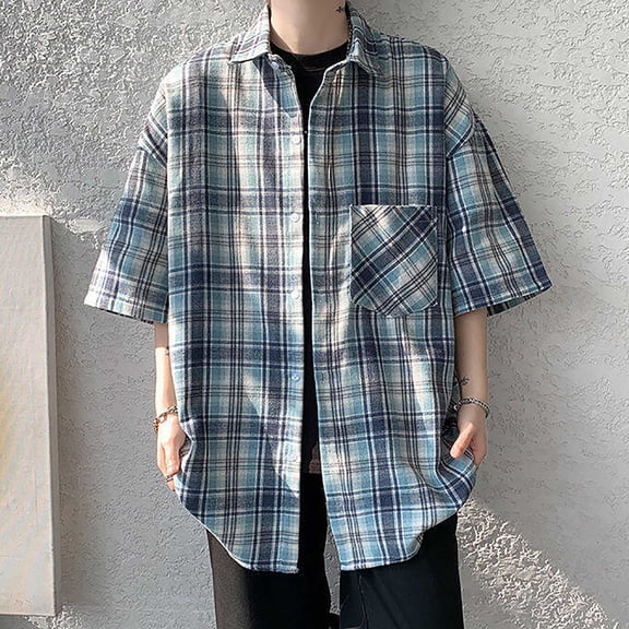 Yertdoel Plaid Shirt Men Short Sleeve Lapel Neck Button Down Shirt with Pocket Loose Comfortable Breathable Hawaiian Beach Vacation Summer Outdoor Casual Shirts