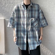 ZCFZJW Short Sleeve Shirts for Men Big and Tall Regular Fit Casual Plaid Button Down Shirt Mens Classic Fit Cotton Button Up Shirt with Pockets Light Blue XL