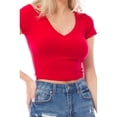 thumbnail image 6 of MixMatchy Women's Basic Ribbed Solid V-Neck Short Sleeve Crop Top, 6 of 6