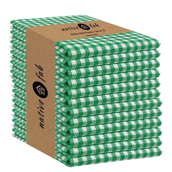 Native Fab 12 Pack Gingham Check Plaid Kitchen Towel - Soft Cotton - Washcloths - 16x26 - Green