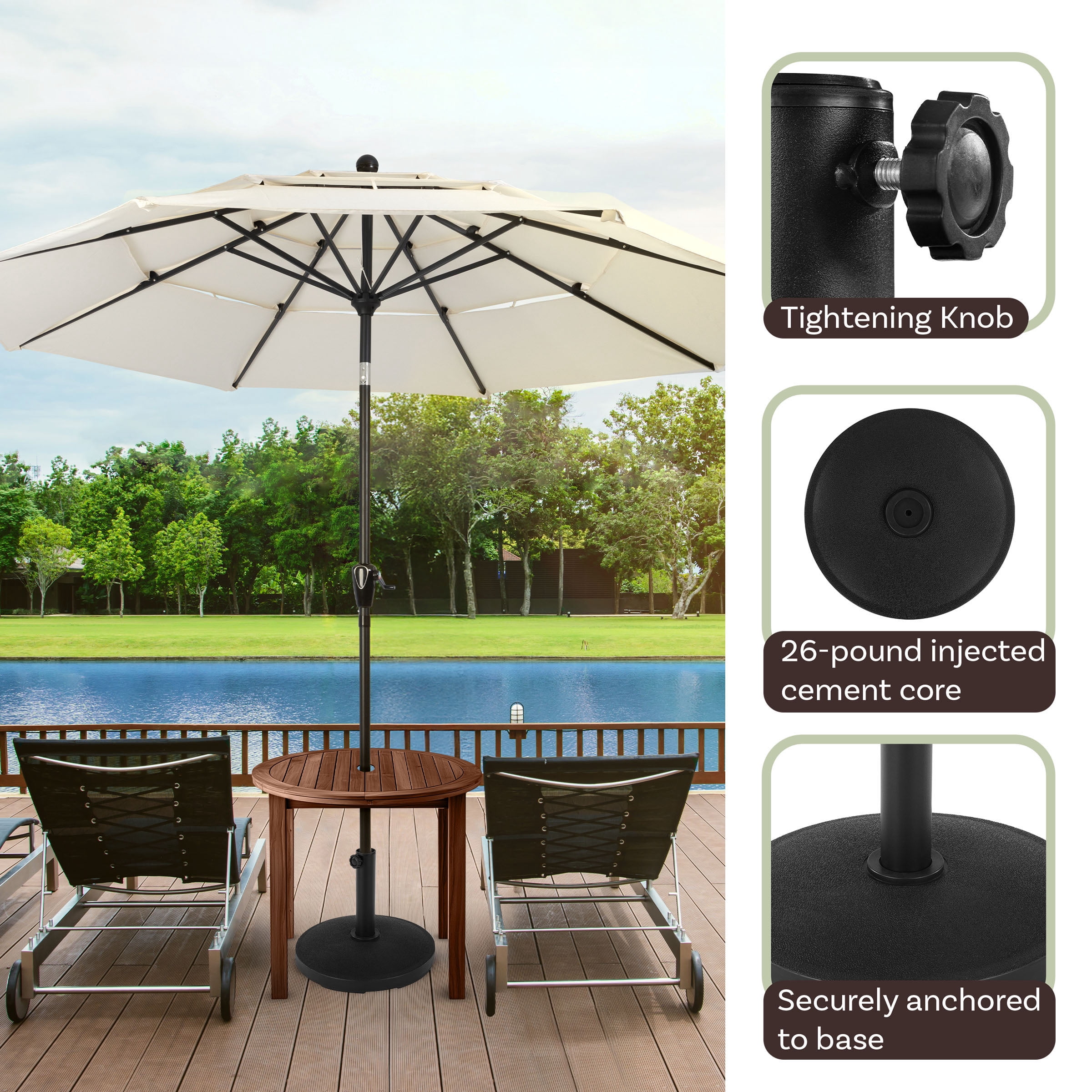 Pure Garden 26lb Umbrella Base – Durable Polyethylene & Cement Patio Stand for 6–9ft Umbrellas, Black