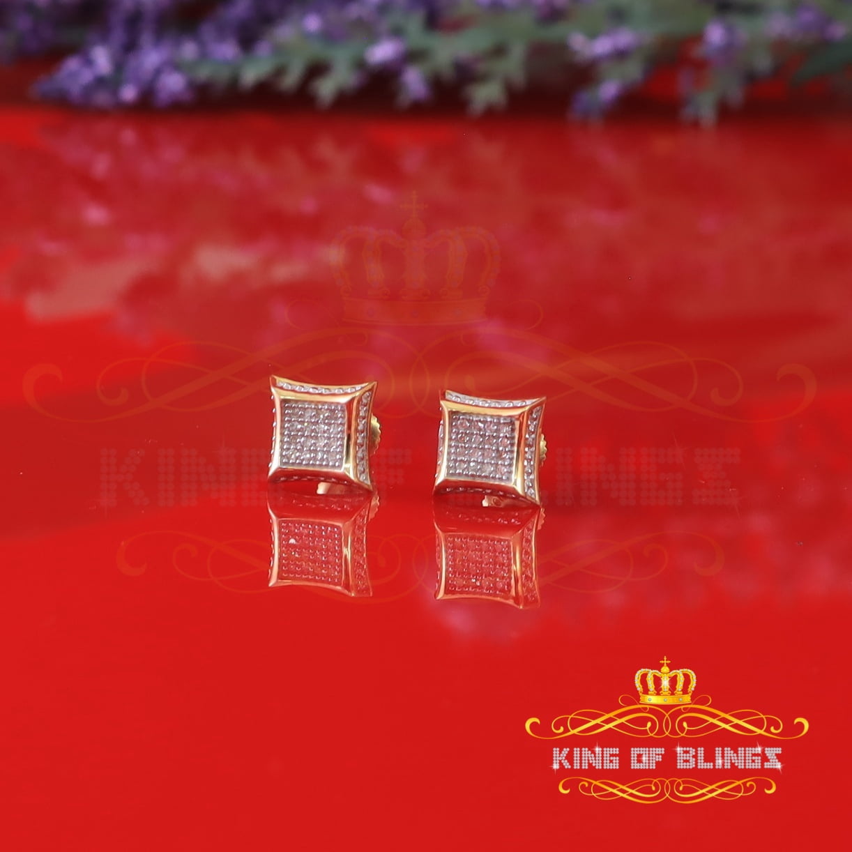King of Bling's 10K Yellow Gold Real Diamond 0.10CT Men's /Ladie's Square-Shape Stud Earring