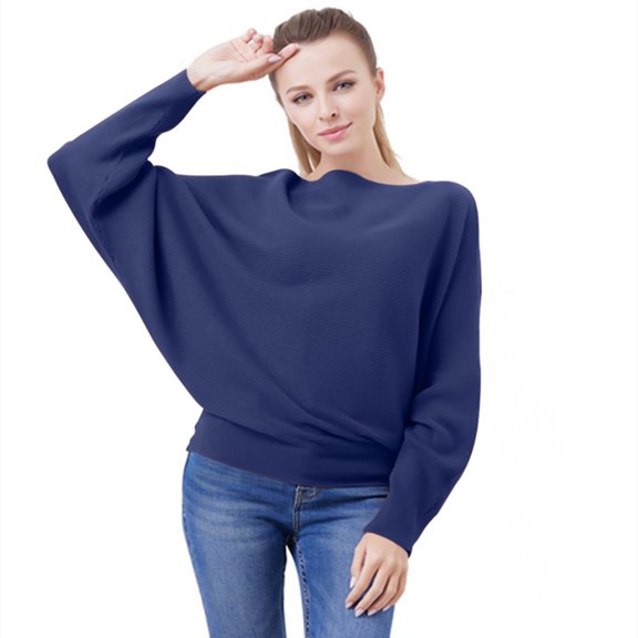 UJNDER Fashion Off The Shoulder Bat Sleeve Long Sleeve Pullover Sweater for Women Blue One Size