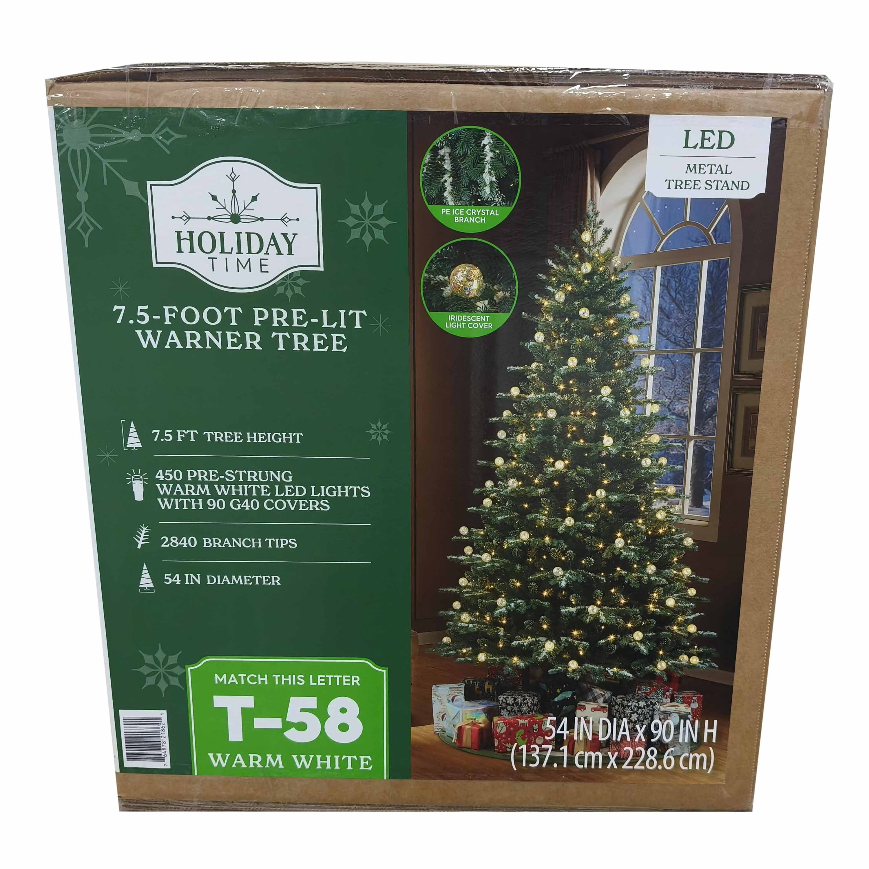 7.5' Pre-Lit Snow-Flocked Warner Green Artificial Christmas Tree with 450 Warm White LED Lights and Stand, by Holiday Time