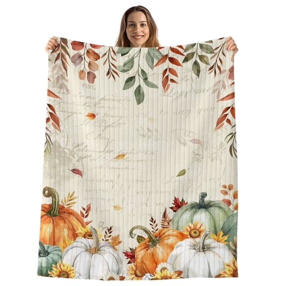 Green Orange Fall Throw Blanket, Flannel Fleece Blanket with Striped Design for Couch, Pumpkins Botanical Thanksgiving Retro Soft Breathable All Season Plush Blankets for Sofa Office Chair 30"x40"
