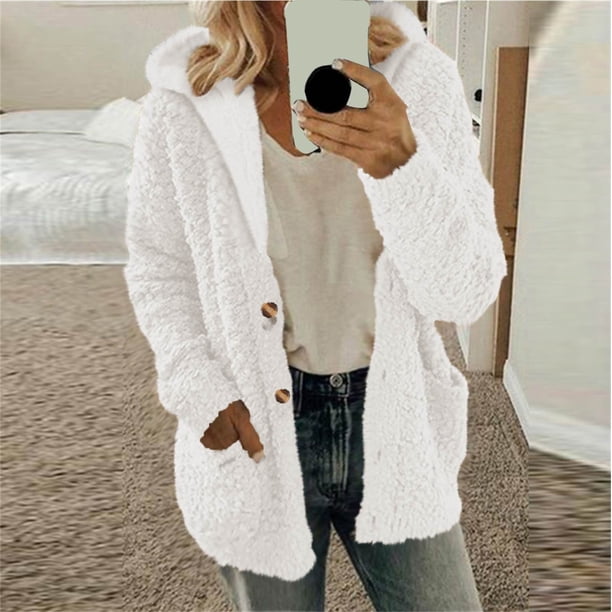Chaqueta Wancir para mujer, de franela con forro de sherpa, abrigo cálido de gran tamaño con capucha y botones de polar