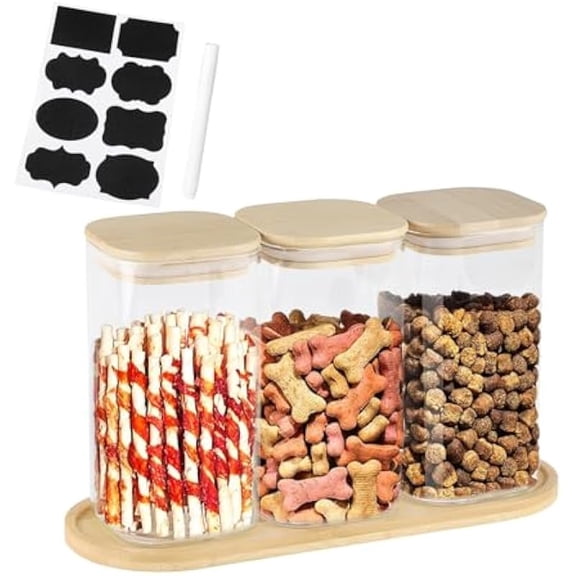 3 Pcs Dog Treat Container Set with Wooden Lid, 25.4 oz / 750 ml Pet Treat Canister, Includes Sticker, Marker, Wood Tray Base, Reusable Glass Jars for Cat Dog Treats