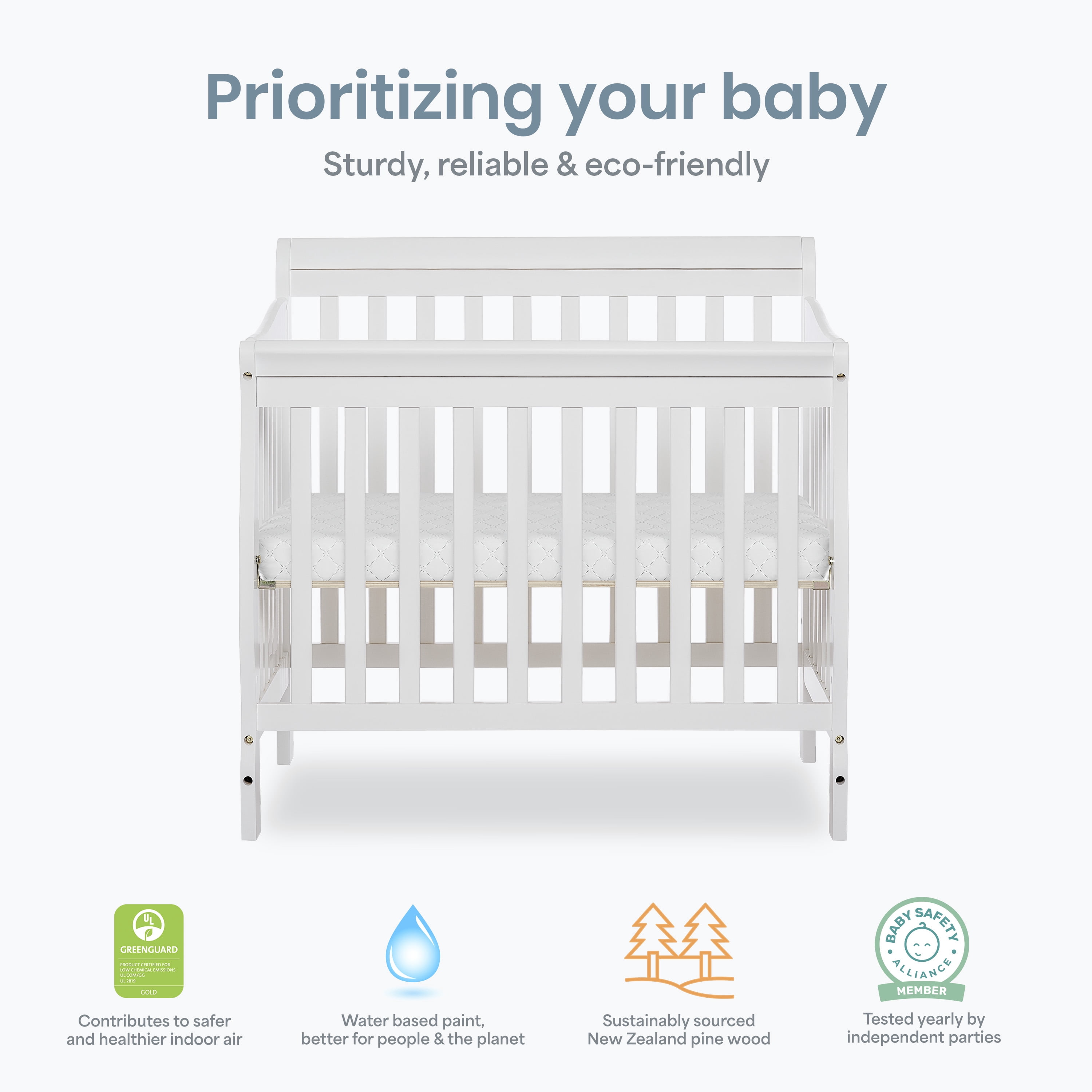 Dream On Me Aden 4-in-1 Convertible Mini Crib In White, Greenguard Gold Certified