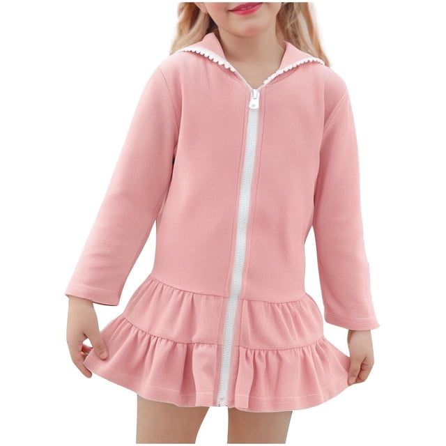LckLvx Girls Swim Cover up Front Zip up Hooded Quick Dry Ruffle Hem Long Sleeve Coverups Bathing Suit 2-10Years