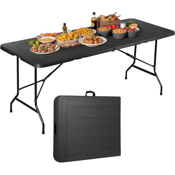 6ft Portable Folding Table Plastic Indoor Outdoor Picnic Party Camp Dining Table with Handle (Black, 71" x 27")