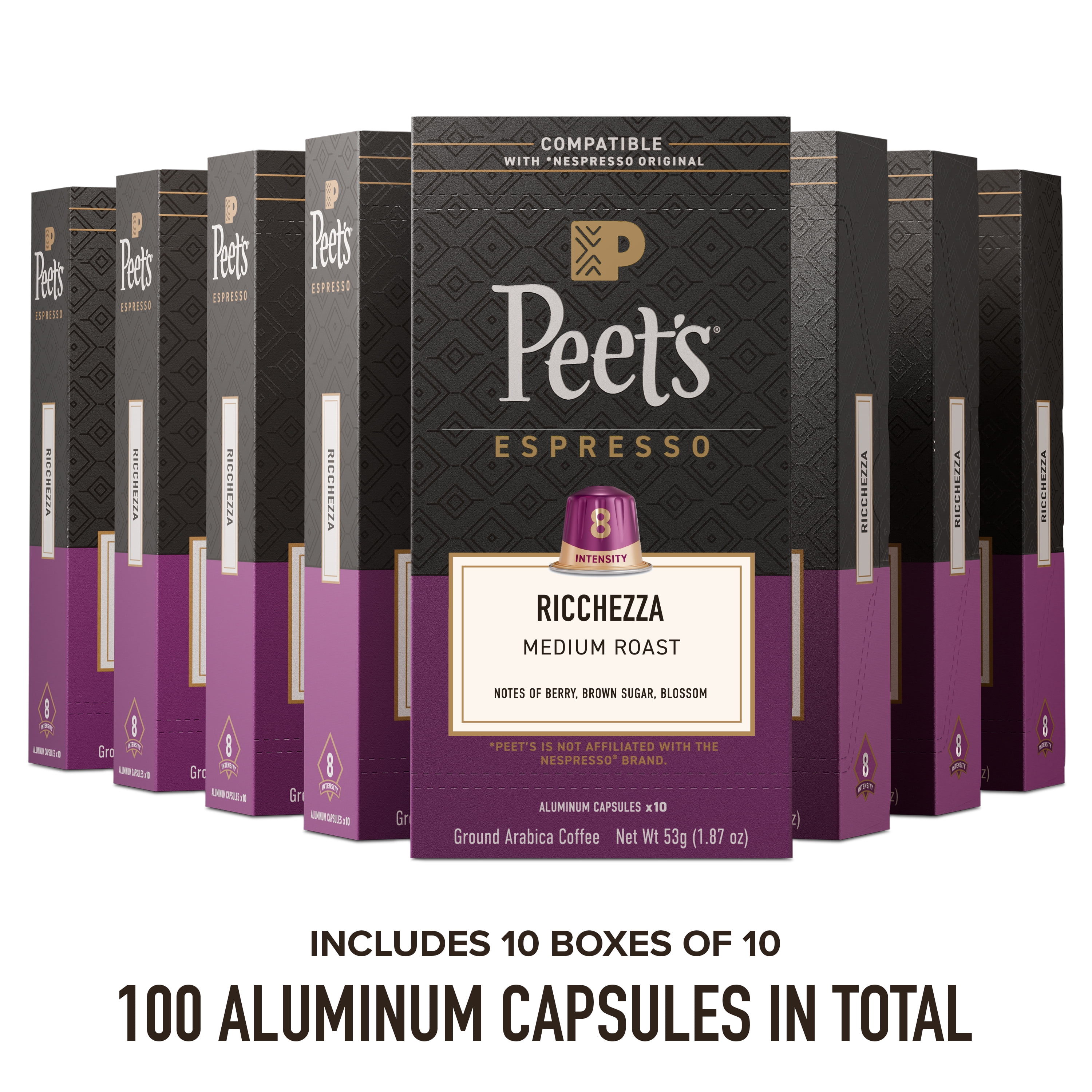 (10 pack) Peet's Coffee Ricchezza Premium Medium Roast Intensity 8 Espresso Coffee Pods, 10 Count