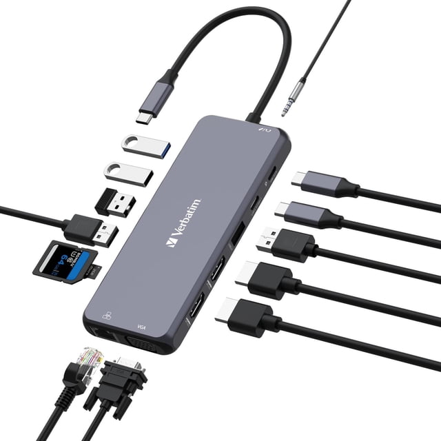 Hub USB C Verbatim 14 en 1 Multipuerto HDMI VGA RJ45 USBA-A USB-C PD con Lector de Tarjetas SD para