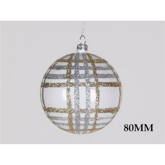 Queens of Christmas ORN-STRP-BALL-80-TRS 80 mm White, Champagne & Silver Stripe Ball Ornament