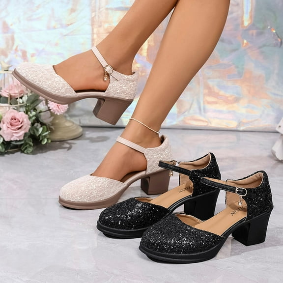 HaiMao Womens Dress Shoes Mary Jane Shoes Womens Sparkle Low Heel Hook and Loop Flats for Wedding Party White 9.5(43)