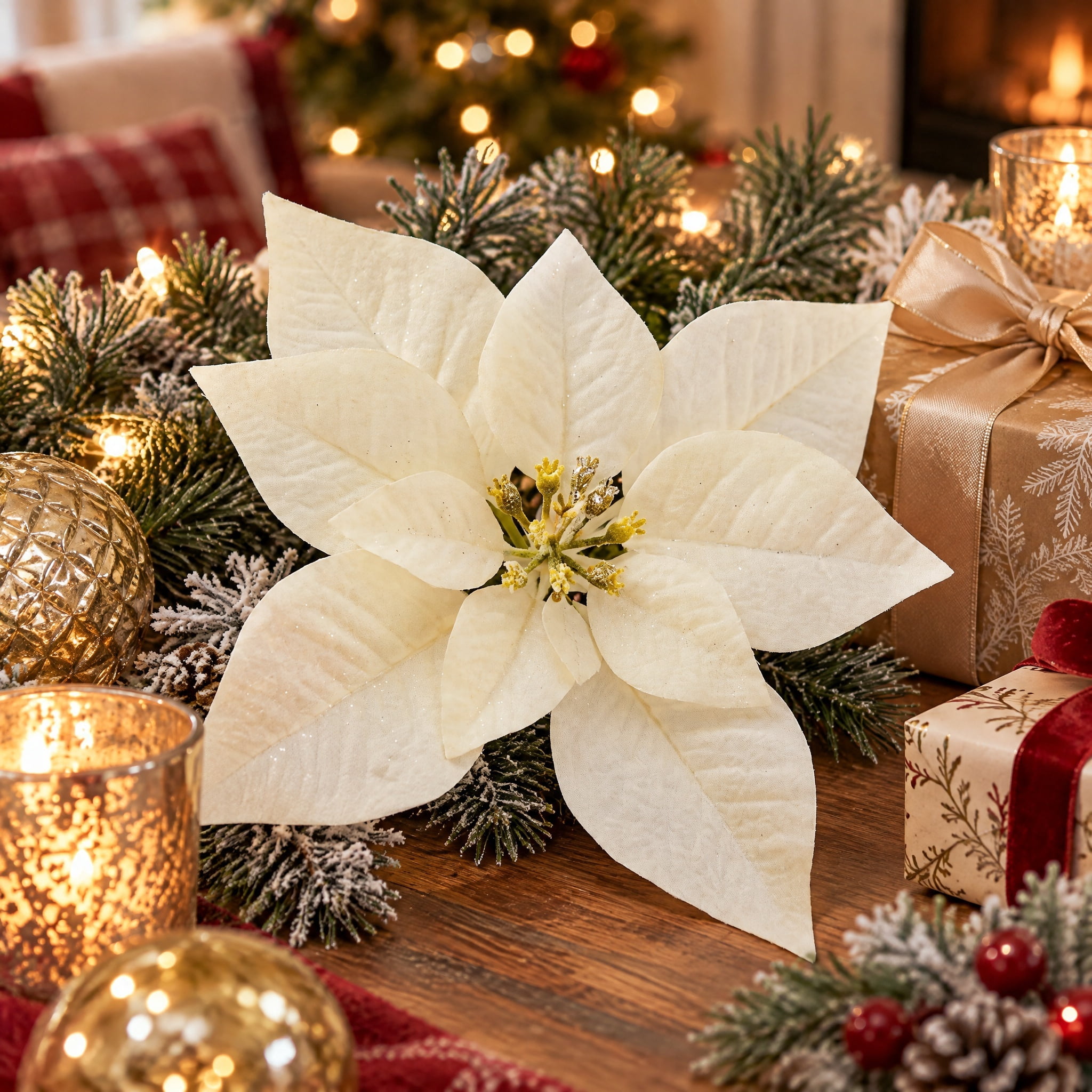 White Velvet-Feel Poinsettia Christmas Clip Ornament, 11", by Holiday Time
