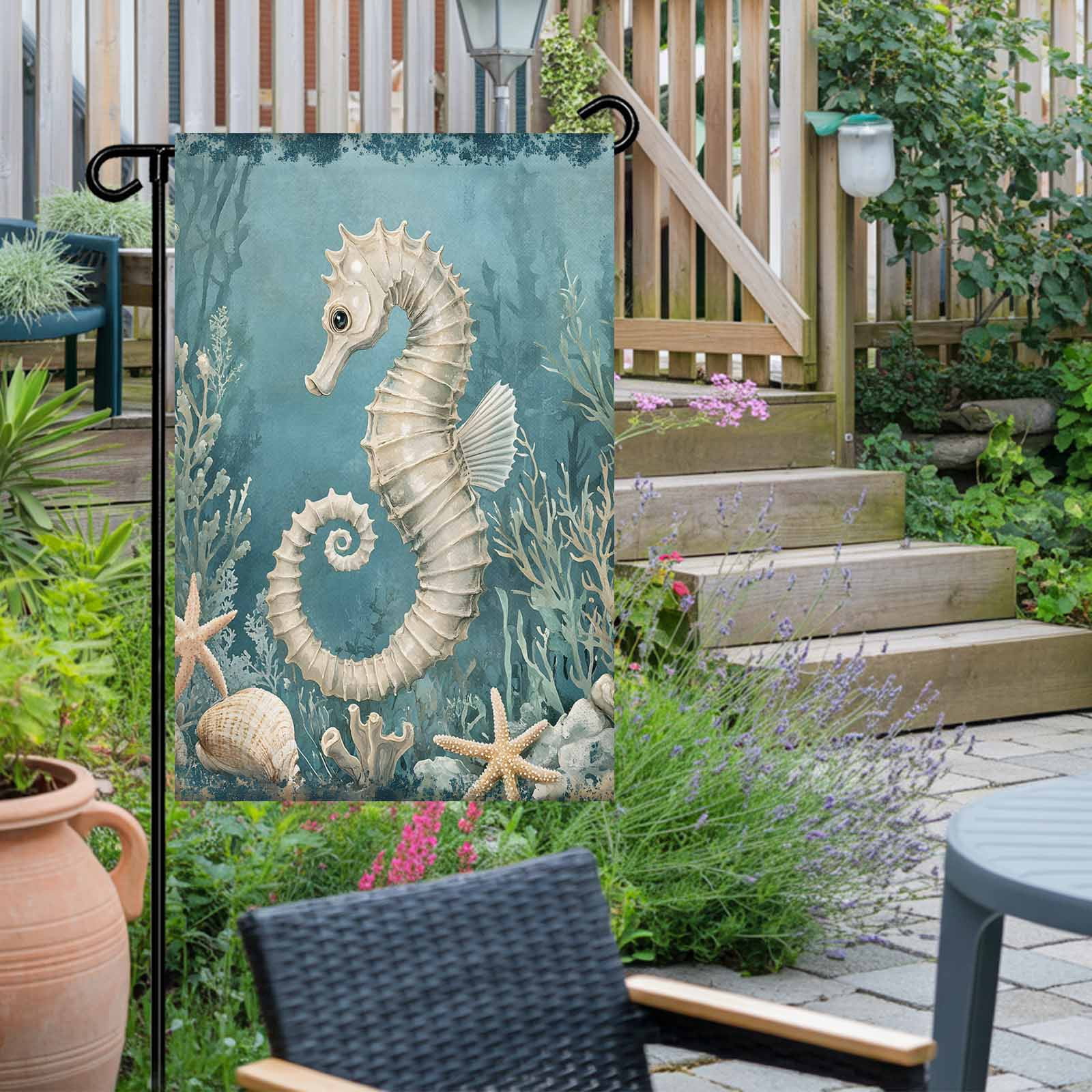 Garden Flag Double-Side Printed House Flag Seahorse Yard Flag Coral Starfish Blue Ocean Welcome Banner Decor Outdoor Holiday Decorations 28*40in