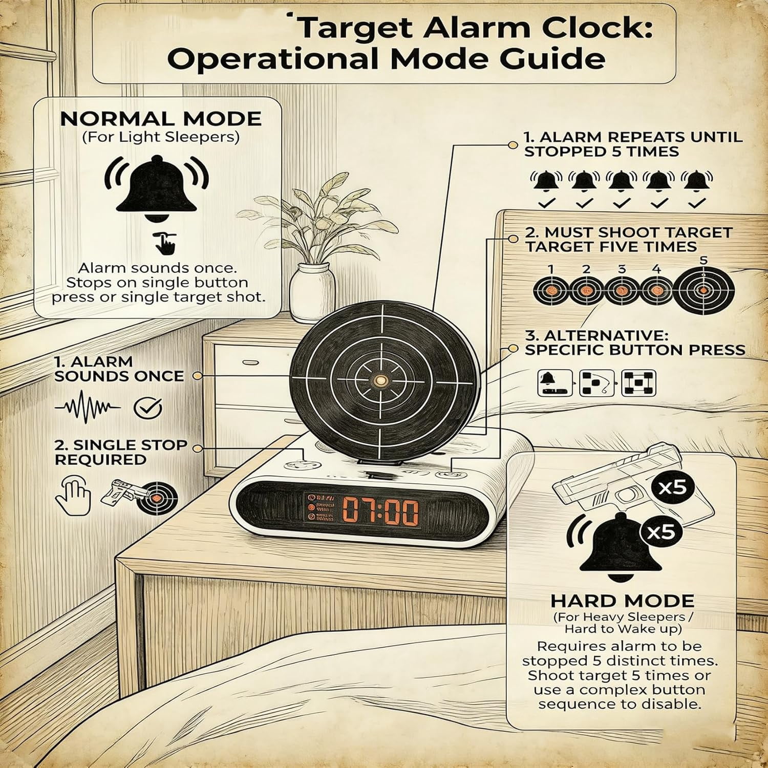 Gun Alarm Clock, Shot Timer, Shooting Timing Clocks, Display Ringtones Customization, Modern Target Creative Clocks, Shoot the Target to Shut It Off, Built for People Who Hate Mornings (White)