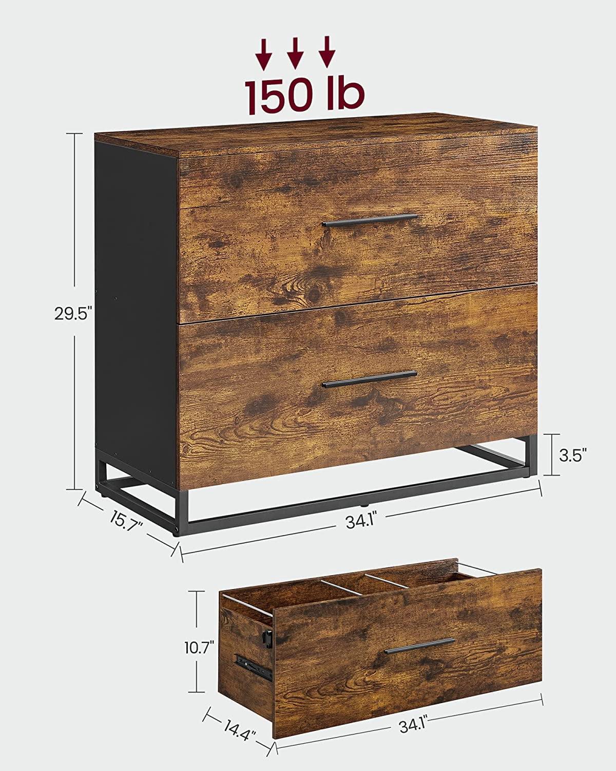 Lateral File Cabinet, Home Office Printer Stand, 2-Drawer Filing Cabinet, Rustic Brown and Black