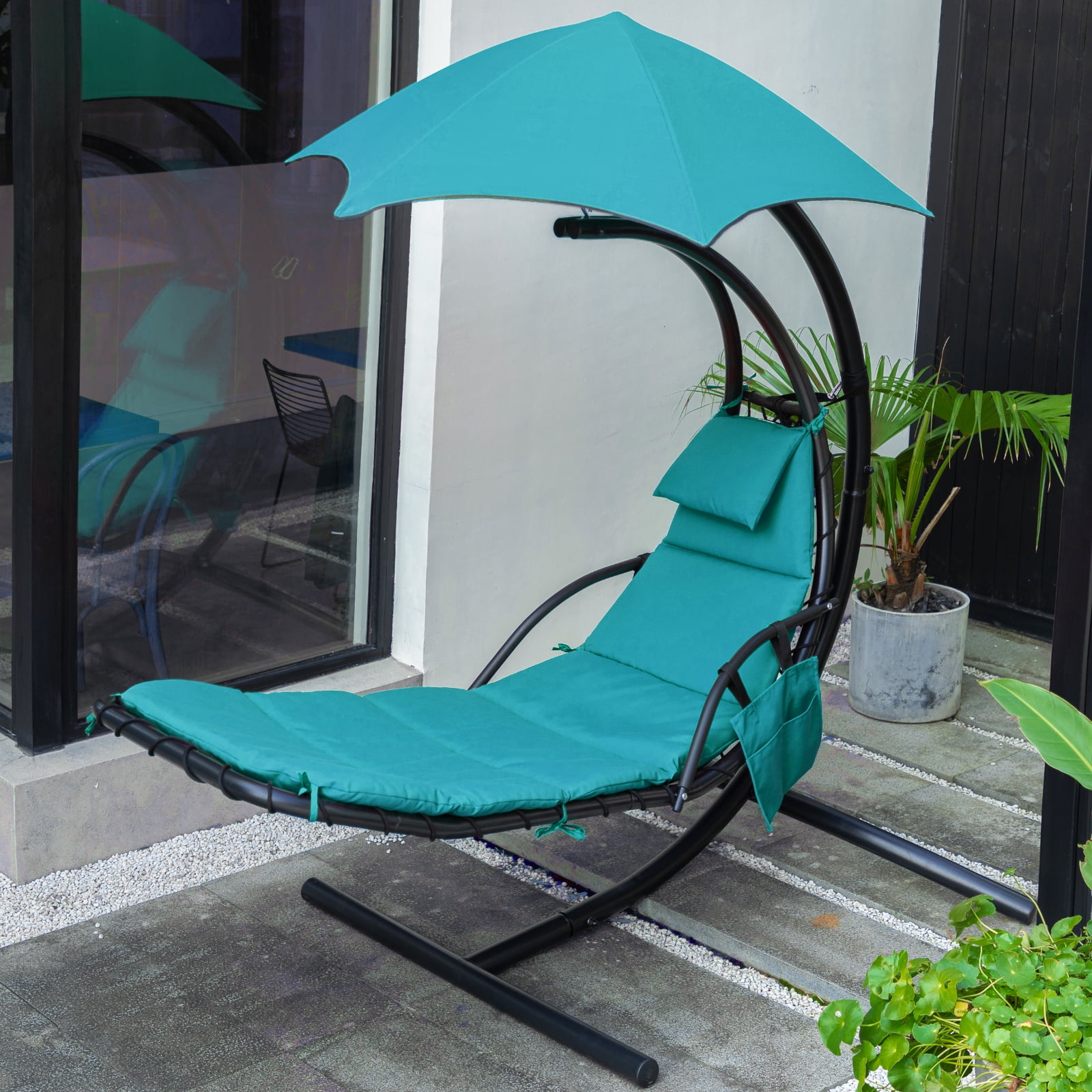 SERWALL Outdoor Patio Hanging Chaise Lounge Chair w/ Stand, Olifen