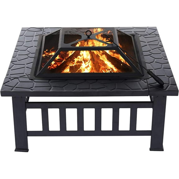32'' Fire Pit Wood Burning Firepit Metal Square Outdoor Fire Pit Steel BBQ Grill Fire Pit Bowl with Spark Screen Cover, Poker Log Grate for Patio Bonfire Camping Backyard Garden Picnic