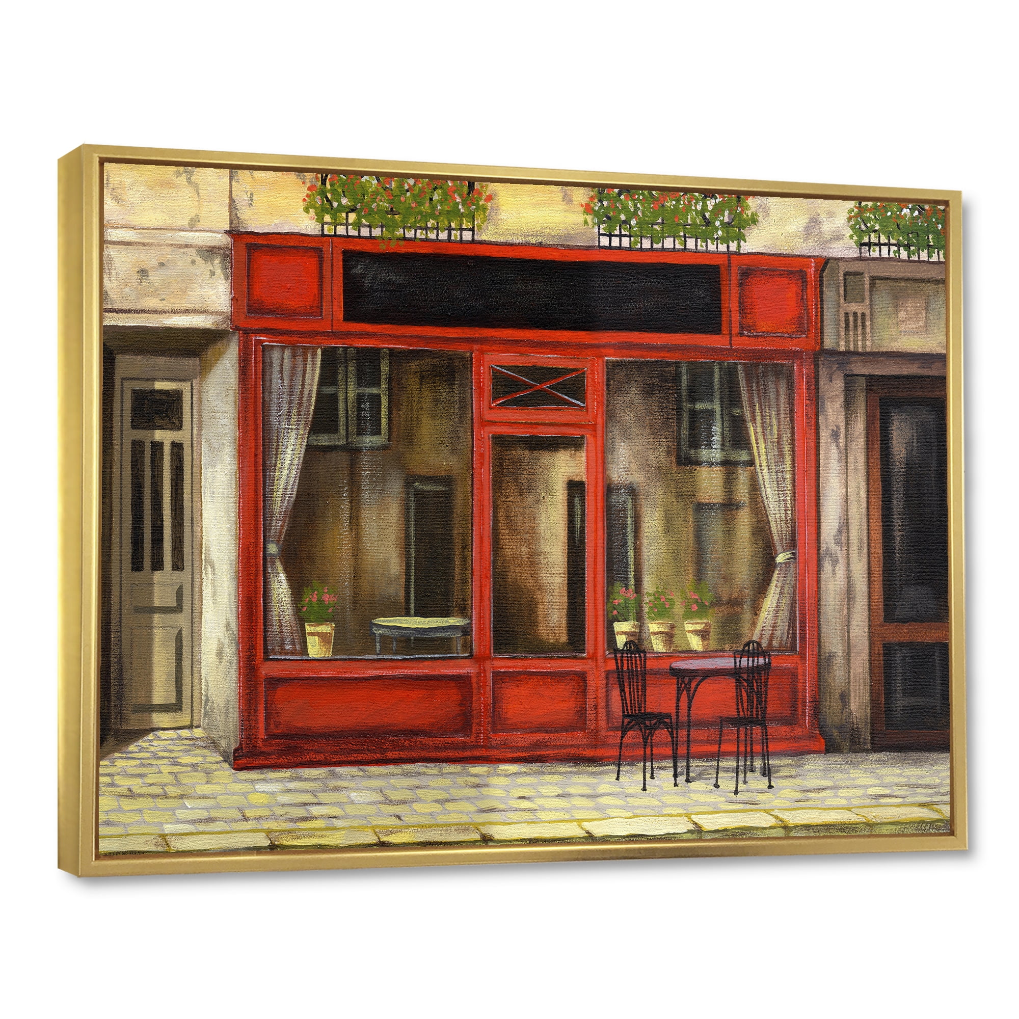 Designart 'Red Facade of Charming Shop In Paris Street I' French Country Framed Canvas Wall Art Print