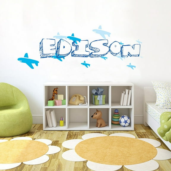 BLUE Airplane Font1 h8" Made-to-Order Baby Name Kid Room Nursery Wall Art Clear Vinyl décor Decal Sticker