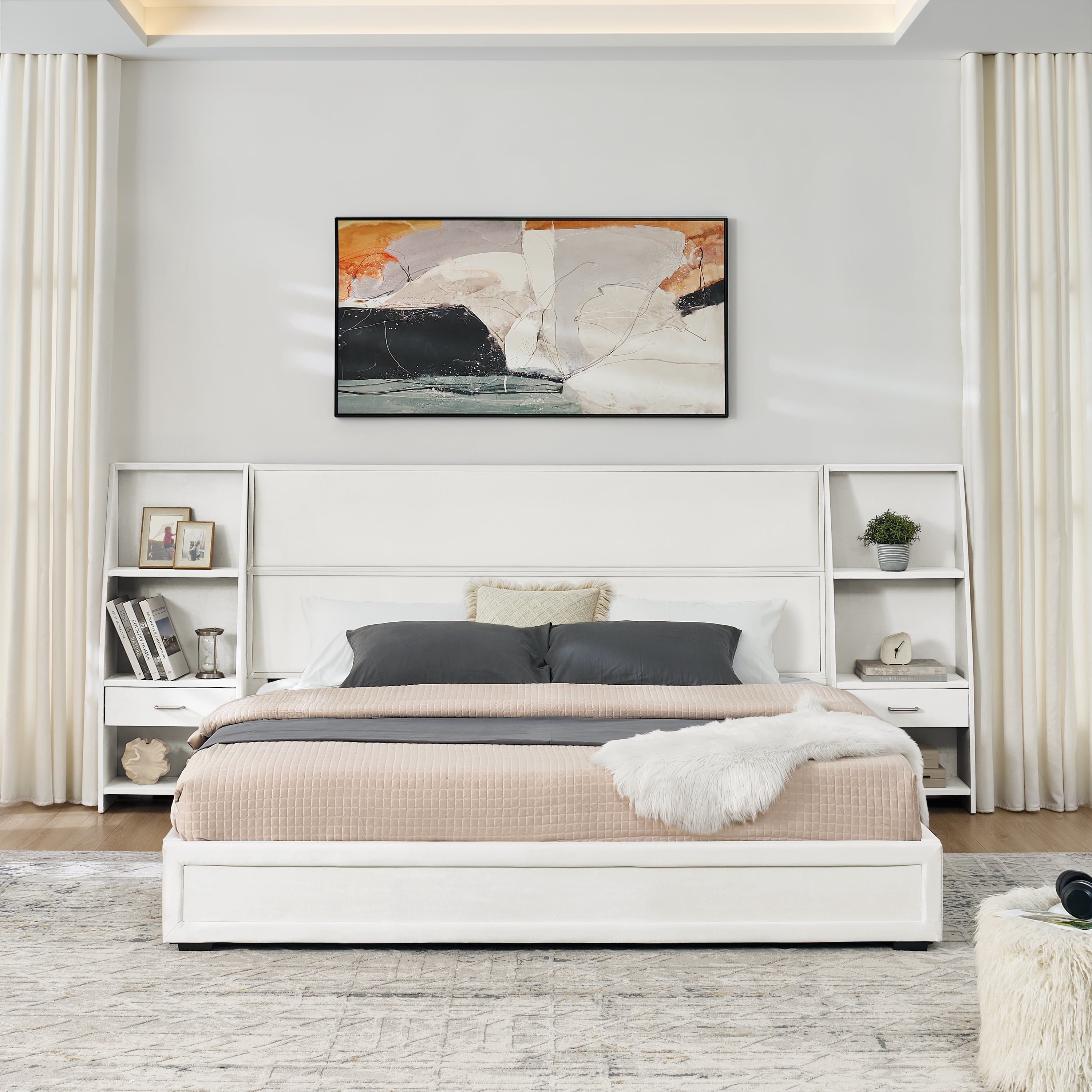 King Size Platform Bed Frame with Glossy Velvet Headboard, Side Bookcases & Drawer