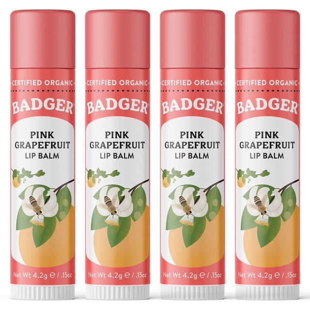 Bálsamo labial Badger Pink Grapefruit 100% orgánico, paquete de 4
