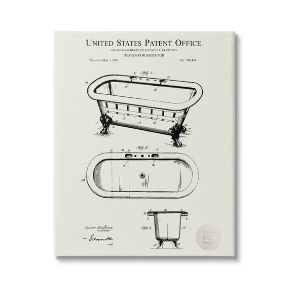 Stupell Industries Vintage Tub Bathroom Diagram Graphic Art Gallery Wrapped Canvas Print Wall Art, Design by Karl Hronek