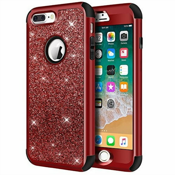 Hython Designed for iPhone 8 Plus, iPhone 7 Plus Case, Heavy Duty Defender Protective Bling Glitter Sparkle Hard Shell Hybrid Shockproof Rubber Bumper Cover for iPhone 7 Plus and 8 Plus, Red