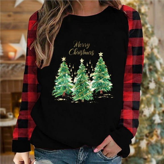 Wancir Merry Christmas T Shirt Women Plaid Christmas Tree Tee Tops Letter Print Long Sleeve Holiday Shirt