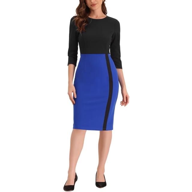 INSPIRE CHIC Robe Fourreau Élégante pour Femme à Col Rond Manches 3/4 Contrastées Robe Fourreau de Bureau Noire G