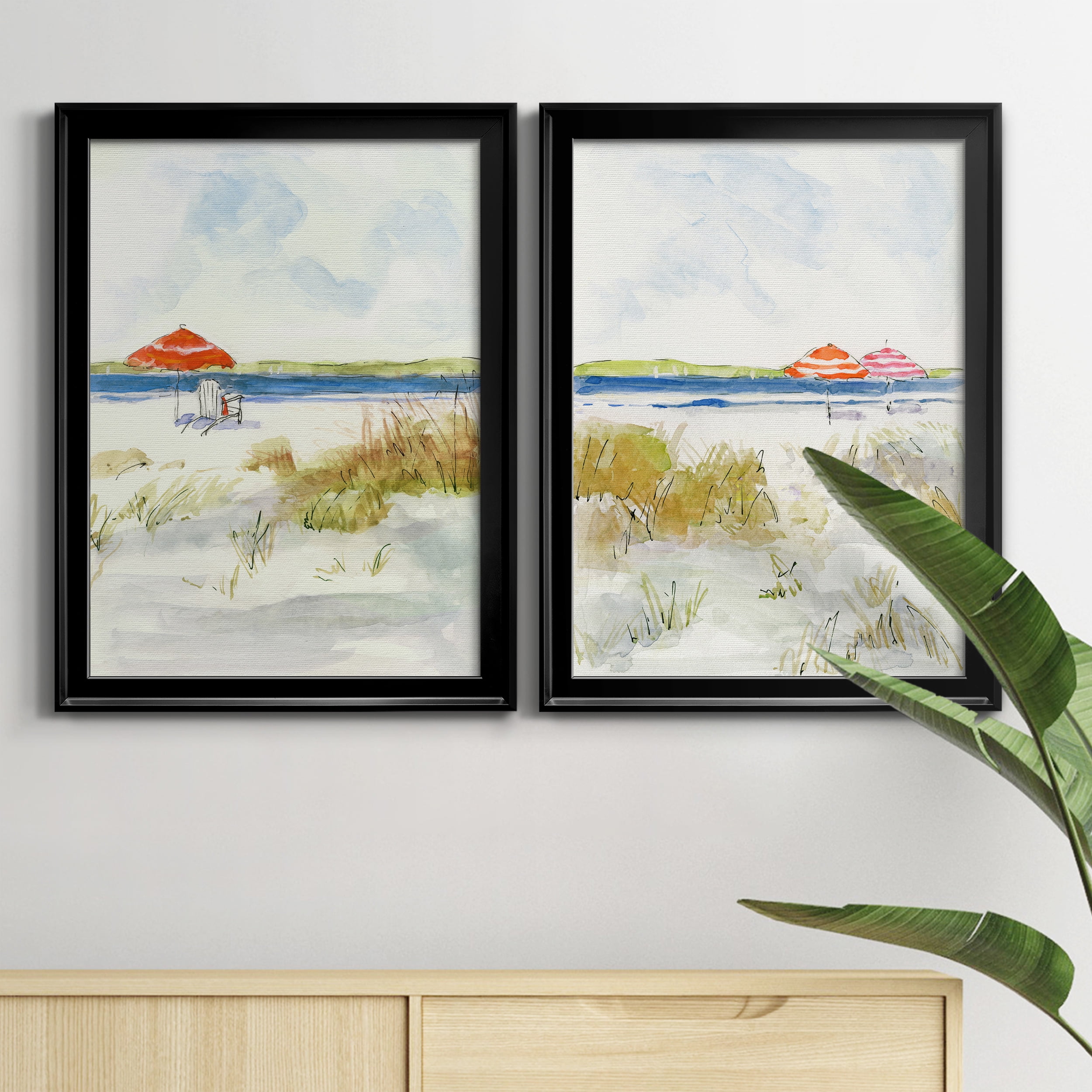 2 Piece Set Sketchy Beach I Premium Framed Canvas - Ready to Hang - 18.5 x 24.5 Each - Gold Frame