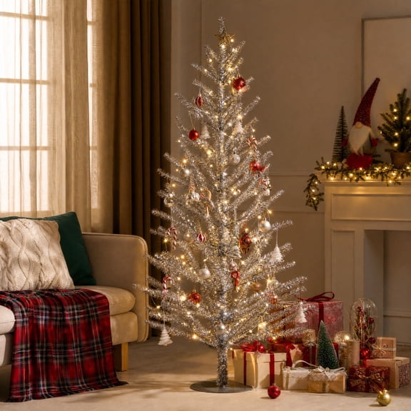 Mini Christmas Tree, Slim Artificial Pencil Pine with Metal Base, Small Tabletop Holiday Tree for Mantel, Window, Desk, Entryway, Apartment, Office and Winter Seasonal Home Decor, Silver