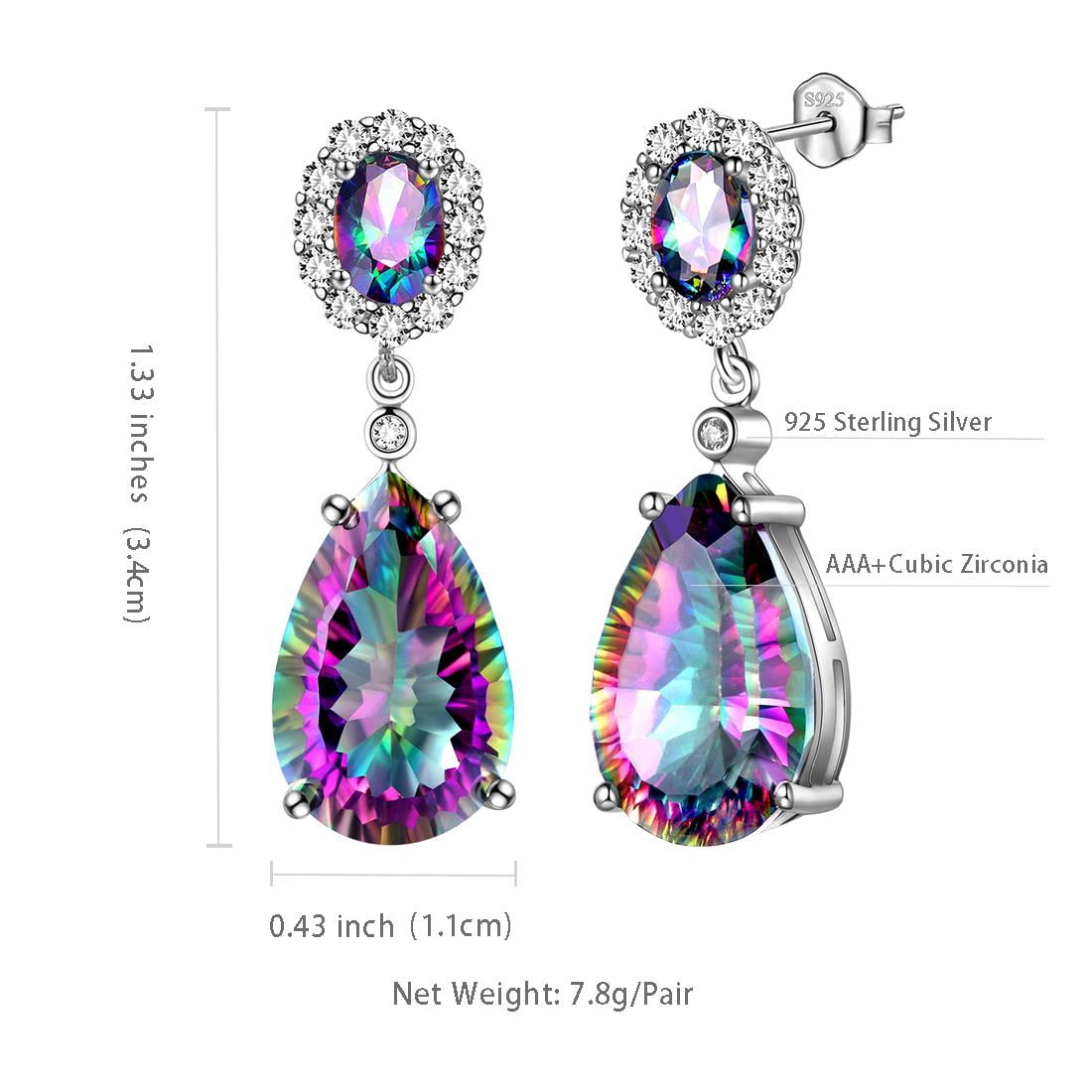Juwaliy 10CT Teardrop Dangle Earrings Women Rainbow Mystic Topaz Stud Earring 925 Sterling Silver Jewelry Birthday Christmas Mother's Day Gift for Her