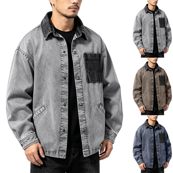 Hulanddfd Men's Denim Jacket Button Down Turn Down Collar Trucker Coat with Chest Pockets Casual Outerwear for Fall Winter Daily Wear Streetwear Work Travel Outdoor Activities Gray L