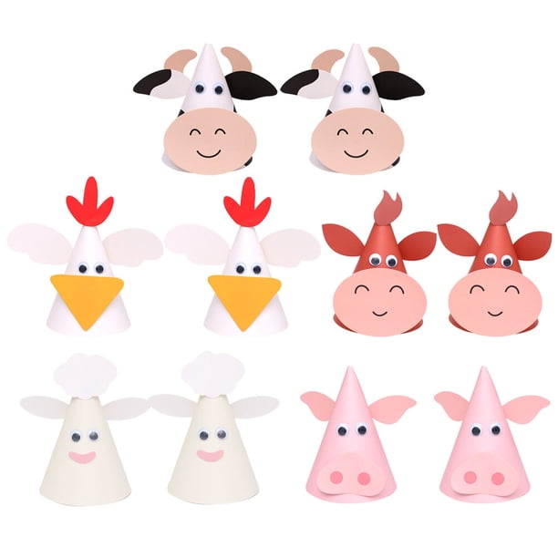 BRIGHTFUFU 10Pcs Creative Kids Design Hat Baby Birthday Paper Hat Adorable Party Tocado Party Supplies (Chick + Little Red Bull + Little Lamb + Little Pig + Little Cow, 2PCs / cada uno)