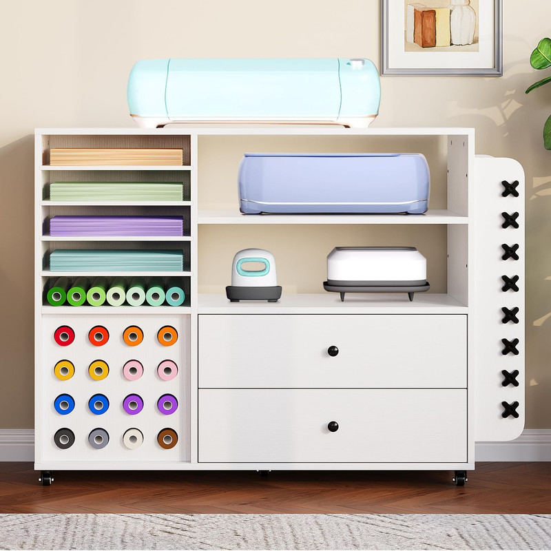 Craft Organization and Storage Cart Compatible with Cricut Machines, Rolling Craft Table Organizer with 2 Drawers & 24 Vinyl Roll Holder for Craft Room Home