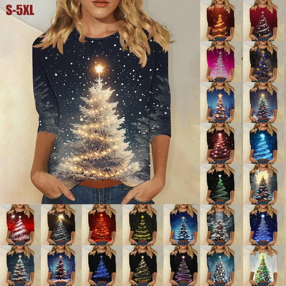 Elvqul Womens Tops Cute Blue Shirts 3/4 Sleeve Christmas Plus Size Christmas Tree Graphic Tops for Women