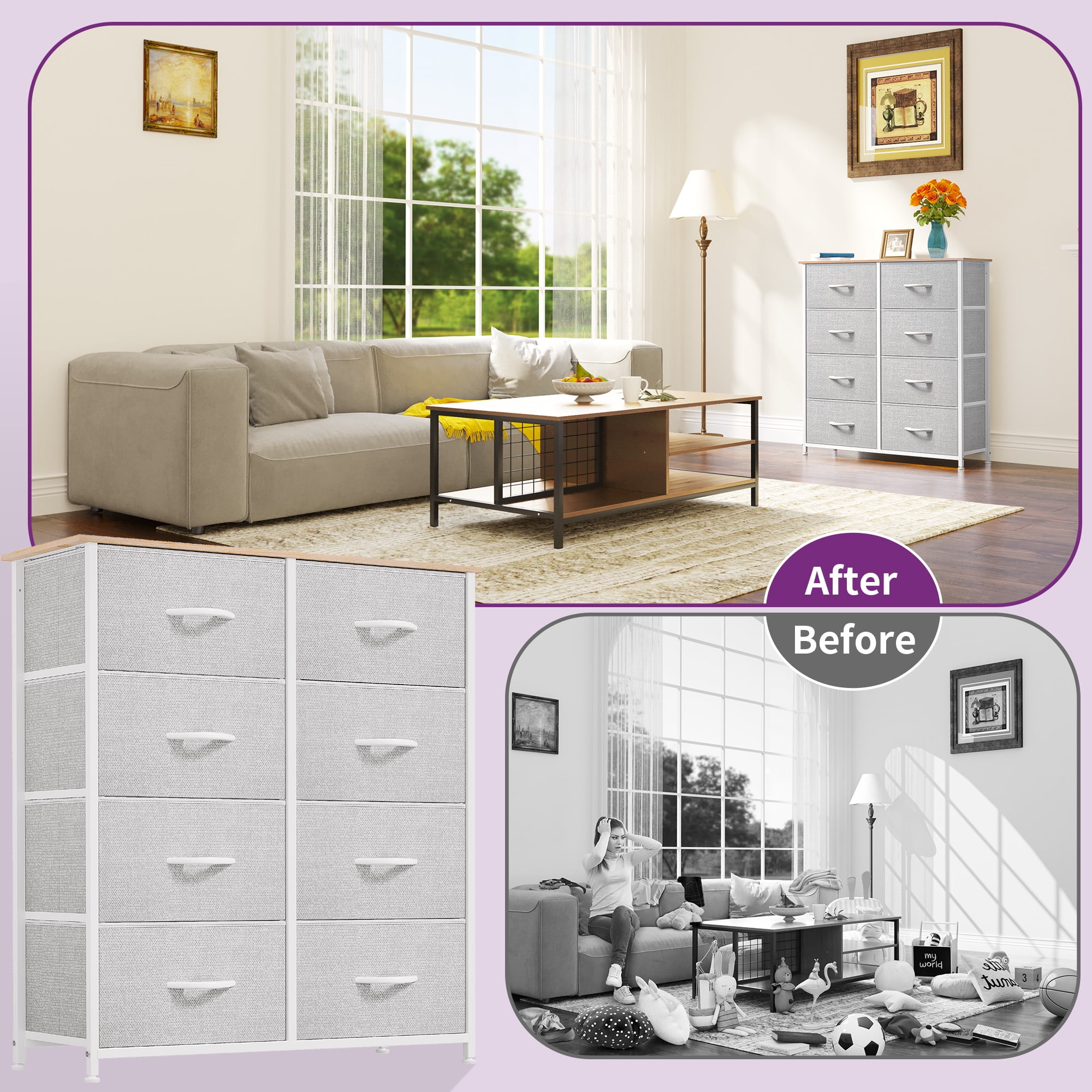 DEXTRUS 8-Drawer Fabric Dresser with Wood Top & Metal Frame for Adults & Teens, Light Gray