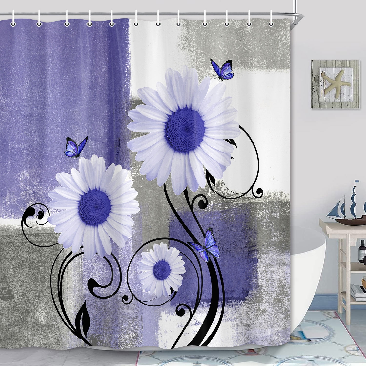 Purple Floral Shower Curtains for Bathroom,Aesthetic Brush Oil Painting Fabric Decor Bath Curtain,Daisy on Purple Gray White Abstract Modern Bakcground Fabric Shower Curtains,69X84in