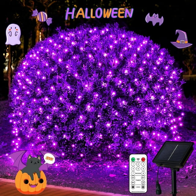 Lumières Solaires d'Halloween Violettes Extérieures, 320 LED 9.8 Pieds x 6.6 Pieds Lumières Solaires Étanches Extérieures, Lumière Violette avec Télécommande 8 Modes pour Décorations d'Arbre de Buisson d'Halloween