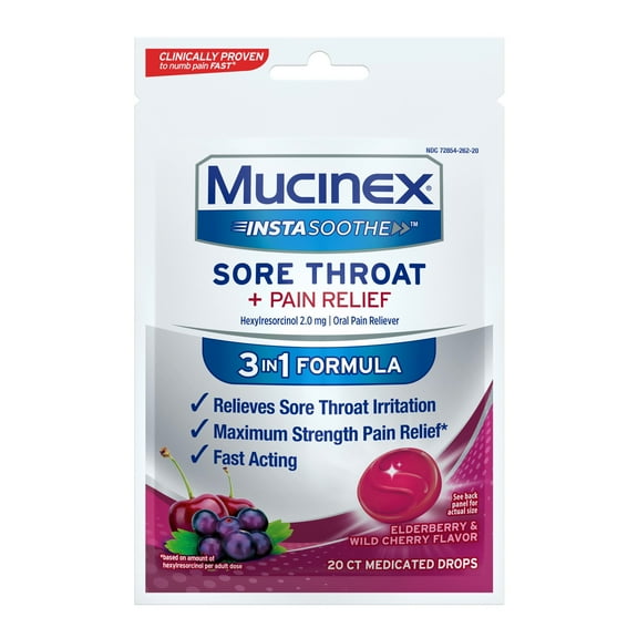 Mucinex InstaSoothe Sore Throat Pain Relief Elderberry & Wild Cherry Flavor, Fast Acting, Powerful Sore Throat Oral Pain Reliever, 20 Medicated Drops