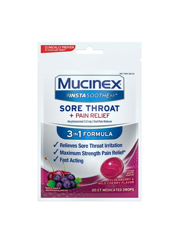 Mucinex InstaSoothe Sore Throat + Pain Relief Elderberry & Wild Cherry Flavor, Fast Acting, Powerful Sore Throat Oral Pain Reliever, 20 Medicated Drops