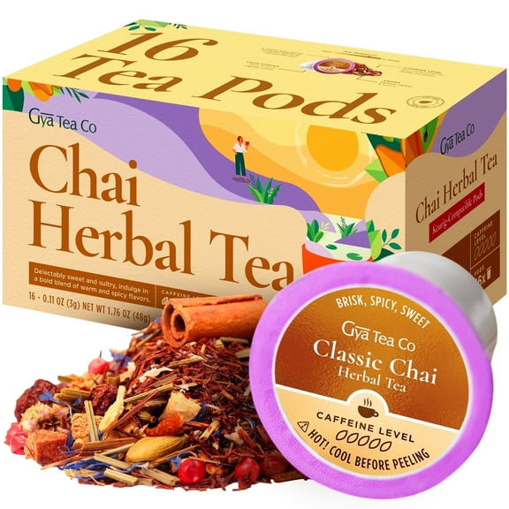 Gya Tea Co Chai Herbal Tea K Cups - Caffeine-free Spiced Chai Blend Compatible with Keurig 2.0. Perfect Gift for Tea Lovers