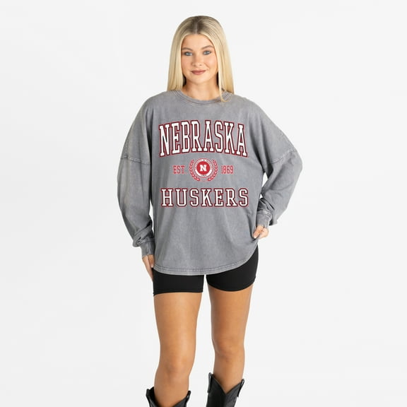 Women's Gameday Couture Gray Nebraska Huskers Oversized Final Score Snow Wash Long Sleeve T-Shirt