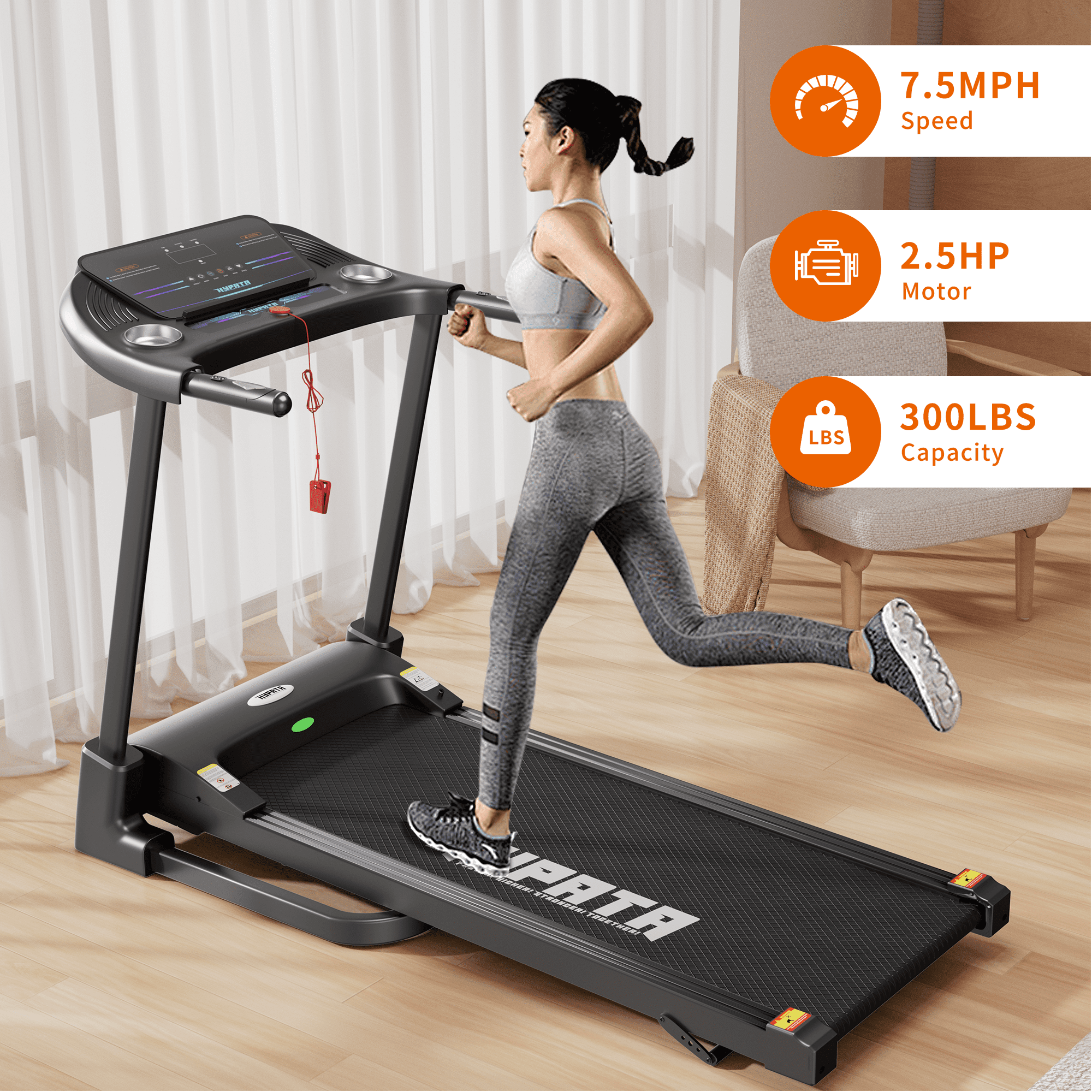 SKOK Compact 2.5HP Folding Incline Treadmill with 12 Preset Programs, 300lb Capacity Electric Walking Treadmill Machine for Home
