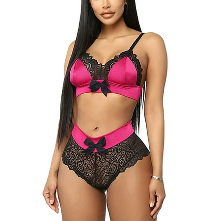 

Jusddie Ladies Underwear Deep V Neck Nightdress 2 Pieces Comfy Lingerie Set Babydoll Women Contrast Color Lace Sexy With Panties Rose Red L