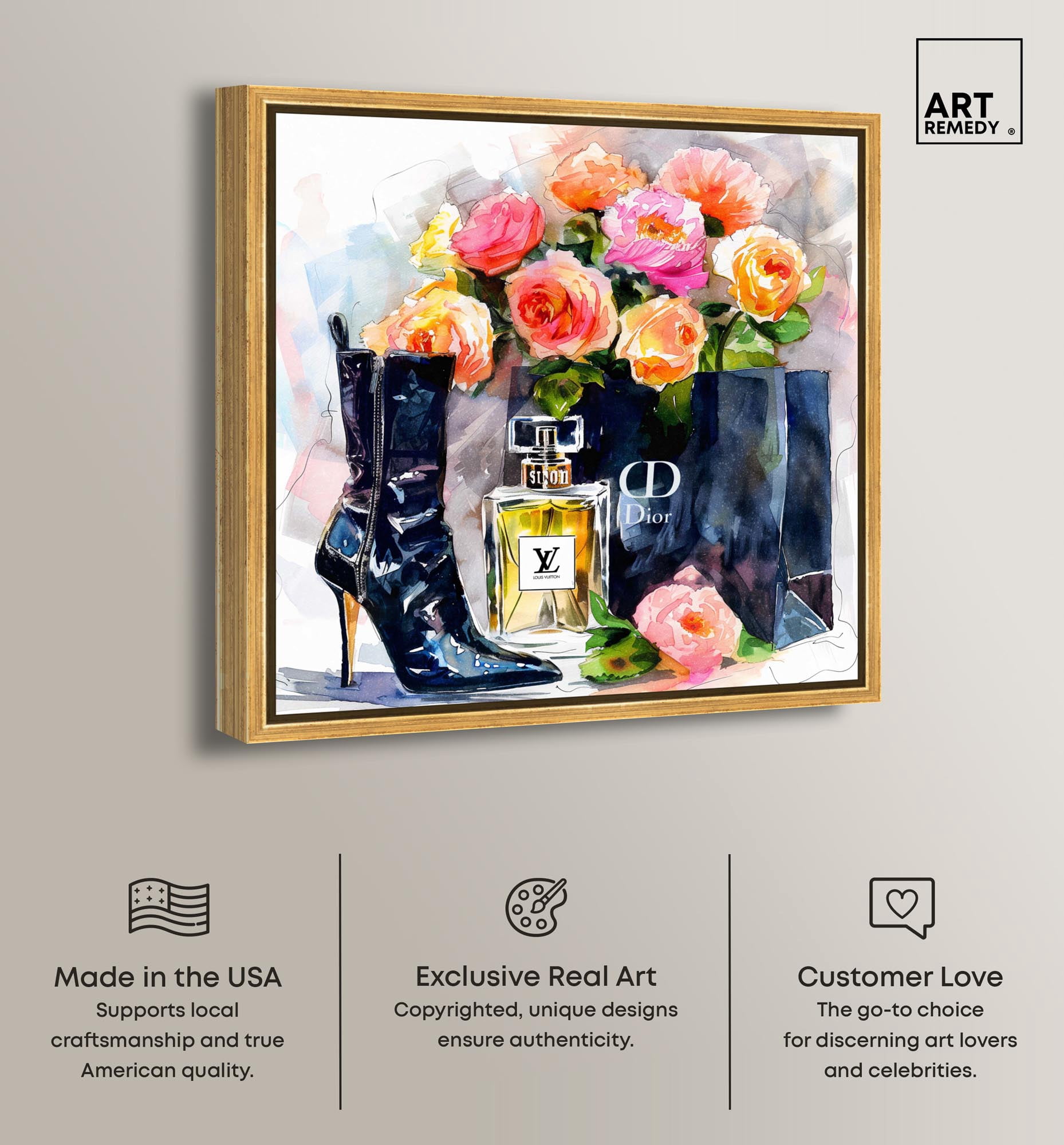 Boot with Perfume and Shopping Bag Canvas Fashion Art Prints by Art Remedy, Gold Frame, 12" x 12"