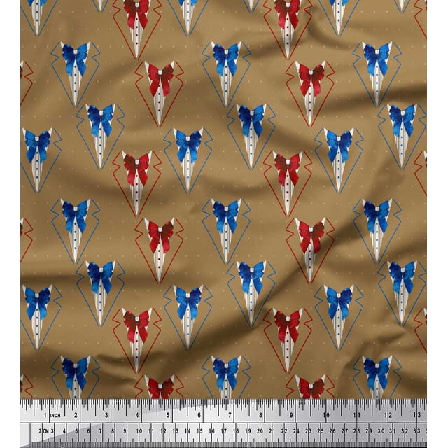 Soimoi Brown Poly Georgette Fabric Bow & Dots Printed Craft Fabric by the Yard 52 Inch Wide